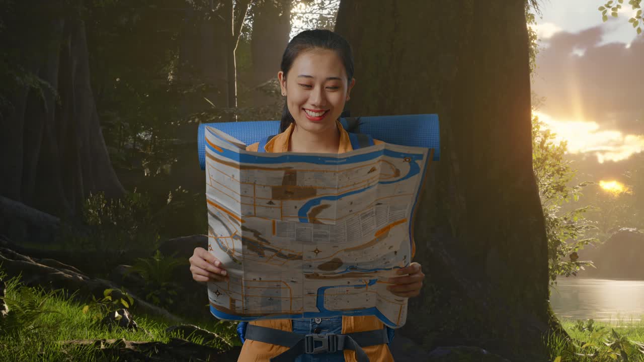 excursionista asiática con mochila de montañismo mirando el mapa y luego sonriendo a la cámara mientras explora la naturaleza del bosque