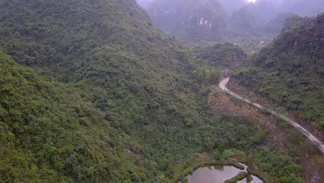 Karst-mountains-in-the-island-of-Cat-Ba-Vietnam-full-of-jungle-vegetation,-Aerial-pan-down-reveal-shot