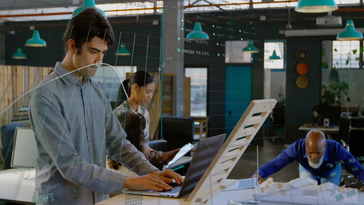 Animation of financial data processing over diverse colleagues working in office