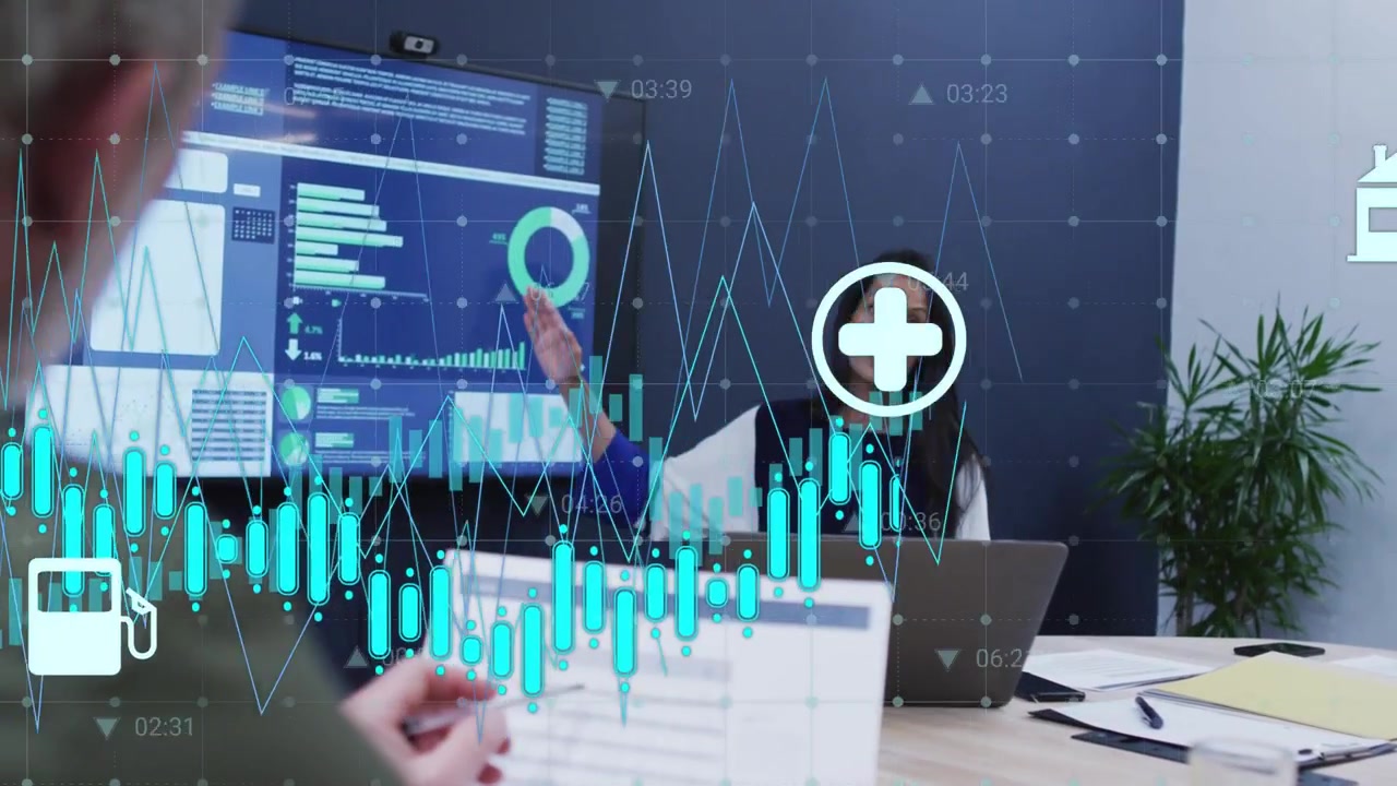 Presenter raising hand and pointing at dashboard, overlaying finance icons and graphs growing dense