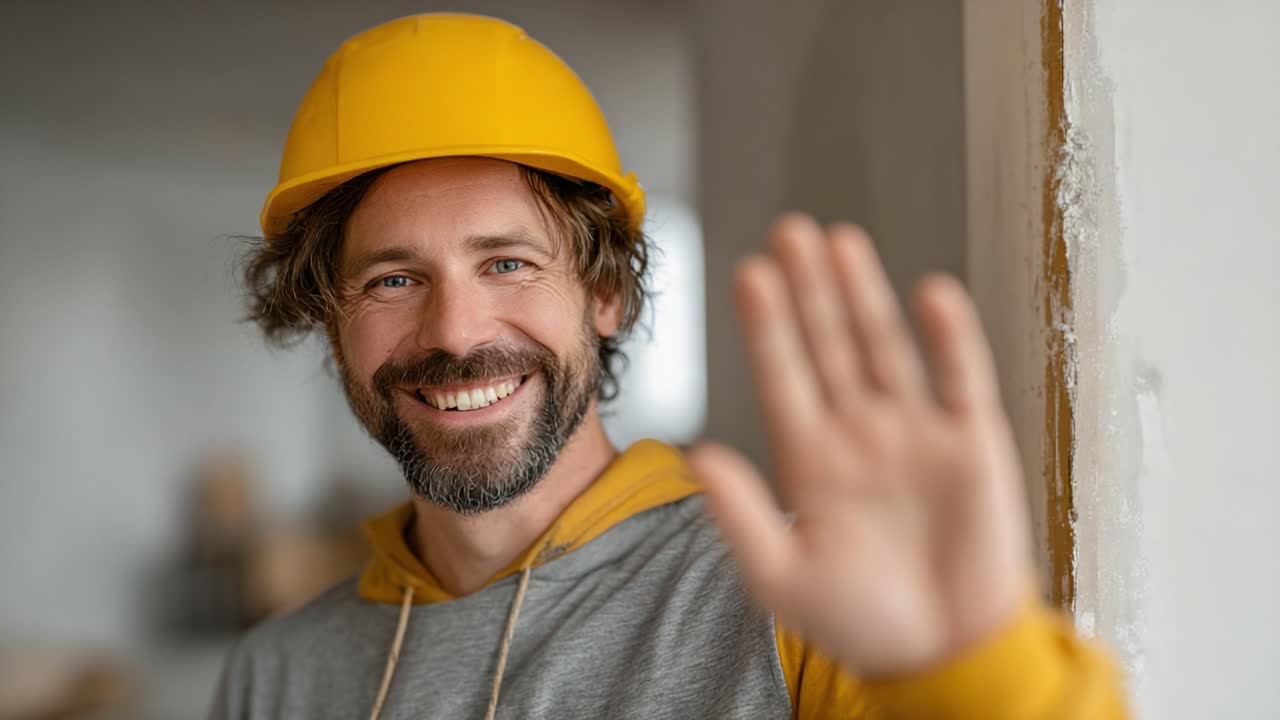 Um sorridente operário da construção civil usando um capacete amarelo acena em um canteiro de obras, mostrando um ambiente amigável e um ambiente de trabalho positivo