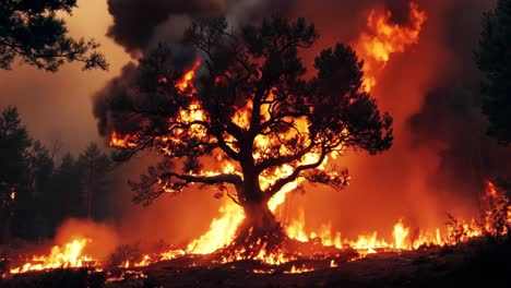 a large tree is engulfed by flames in the middle of a forest