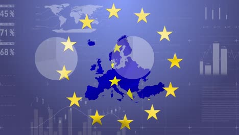 animation of financial data processing over star of flag of european union