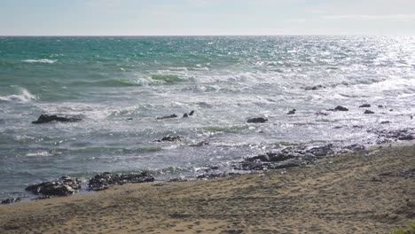 Küste-Von-Calahonda-In-Zeitlupe-Mit-Wegfliegenden-Möwen