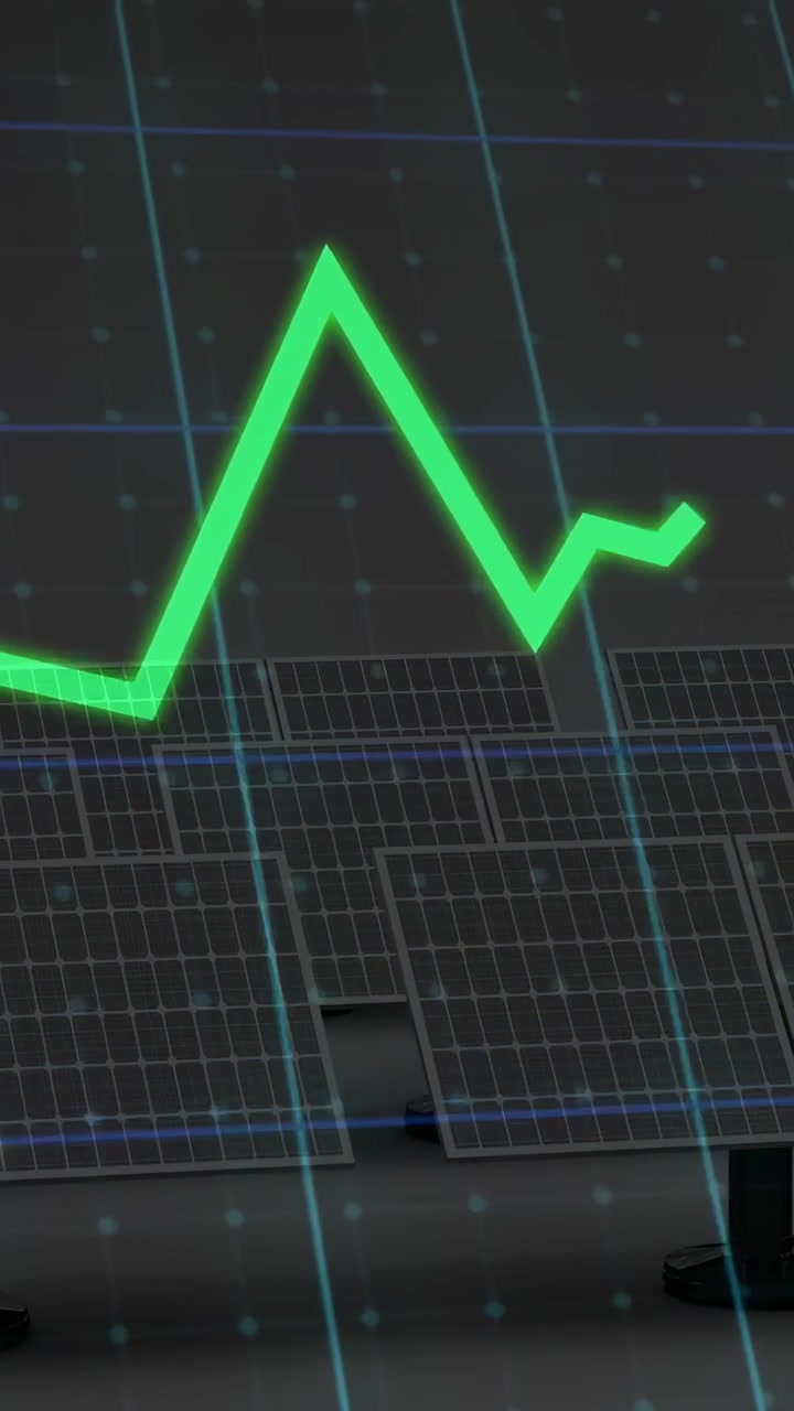 Video verticale: Su feed live, pannello fotovoltaico che mostra una traccia verde neon in aumento e mappa le tendenze di produzione.