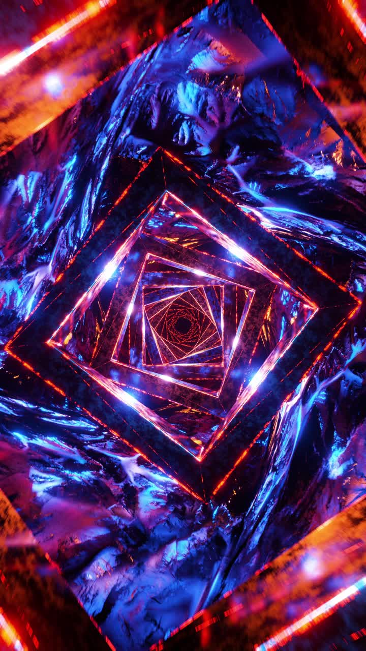 volando en un túnel futurista a través de cubos brillantes. video vertical en bucle