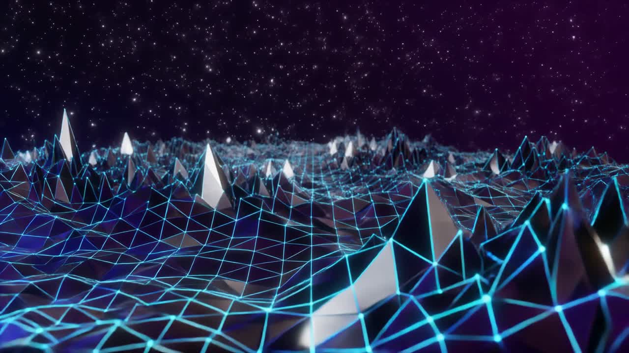 Flying Over a Futuristic Digital Landscape with Glowing Grid Lines