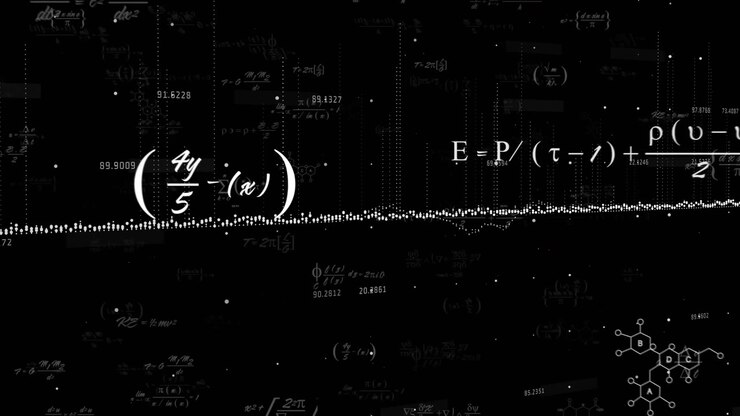 Starting dark screen, dotted waveform flowing left to right with formulas fading while showing data