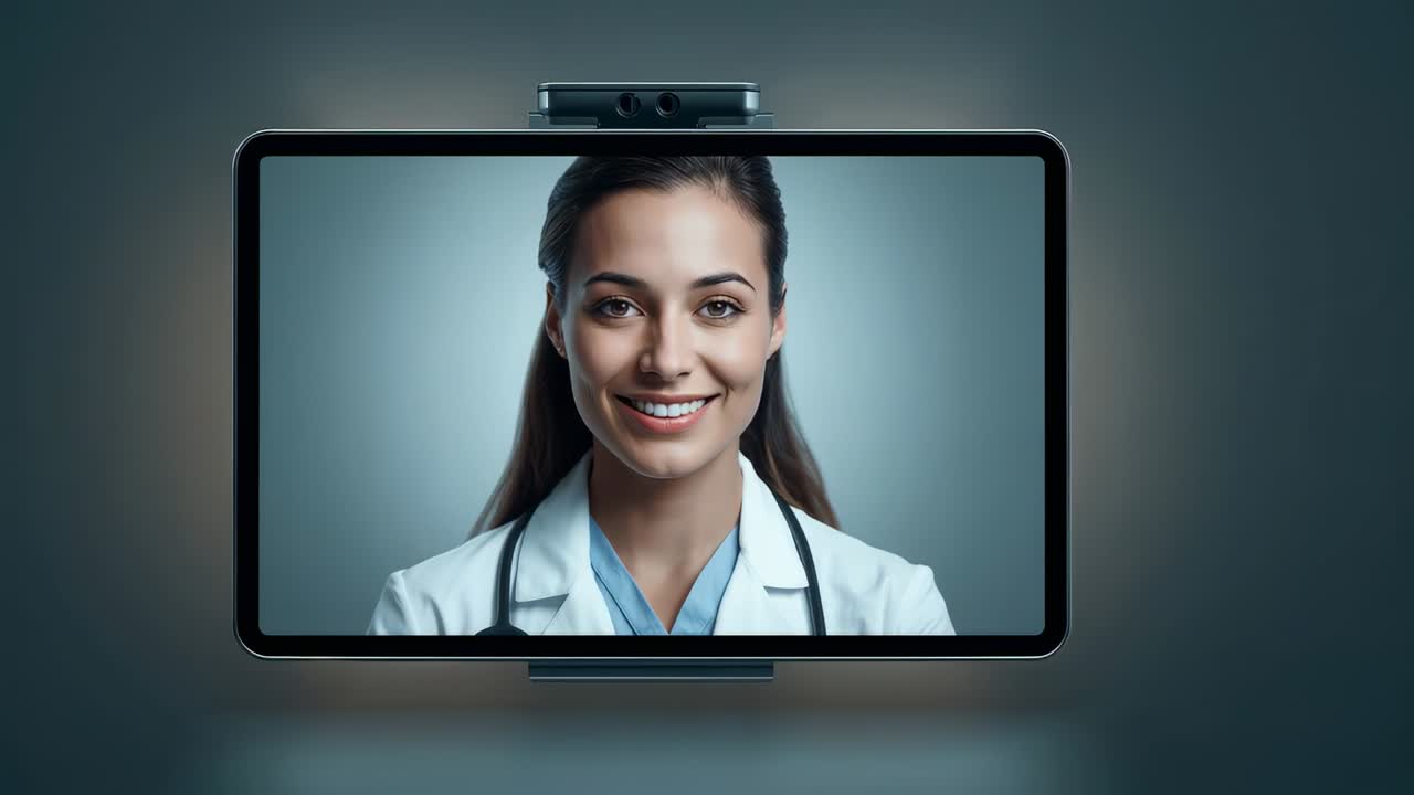 Doctor sonriente con bata de laboratorio mirando una tablet, respirando hondo, abriendo los ojos y saludando al espectador, comenzando con la telemedicina
