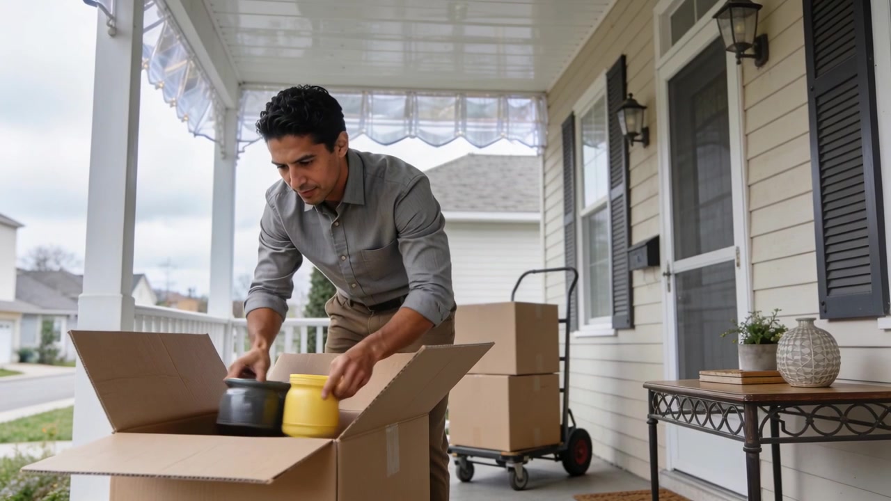 Man wearing grey shirt, khaki pants packing boxes on porch, lifting bowl with dolly for move