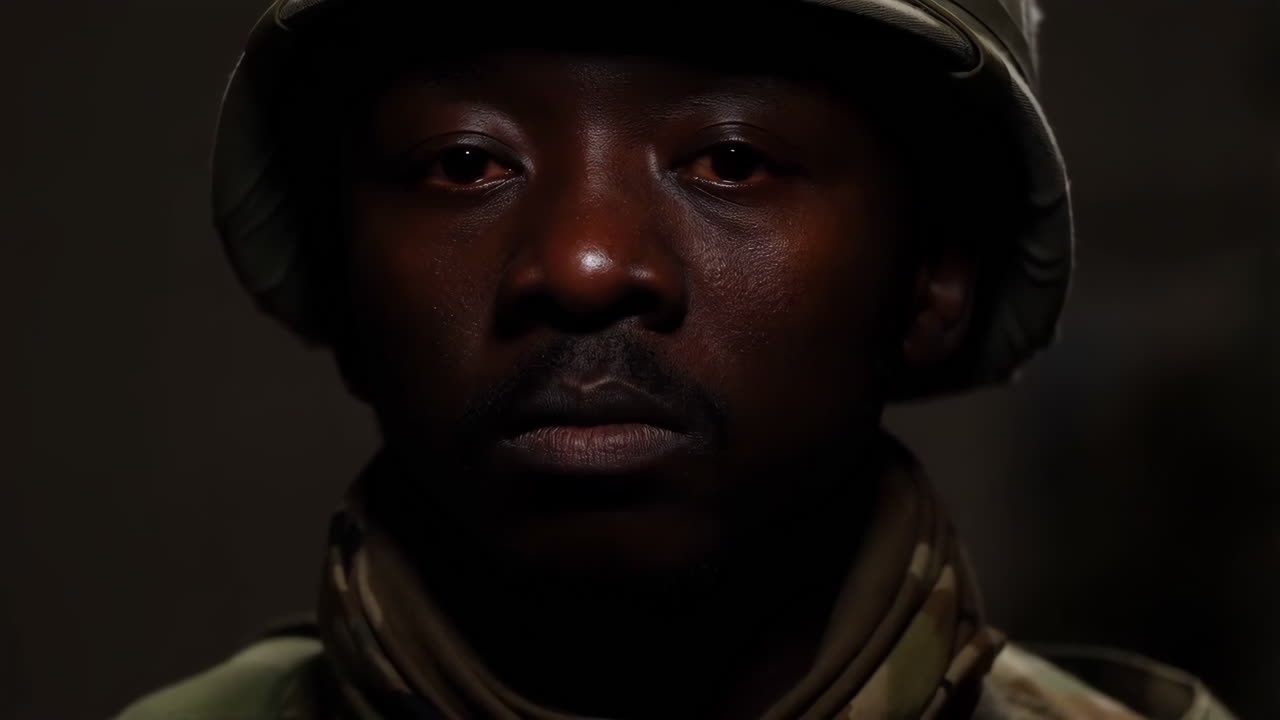 Close-up portrait of a serious soldier in uniform