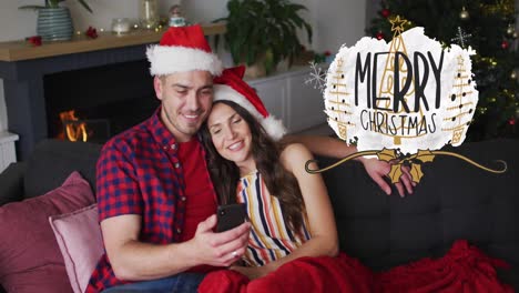 animación del texto de feliz navidad sobre una pareja caucásica sonriendo