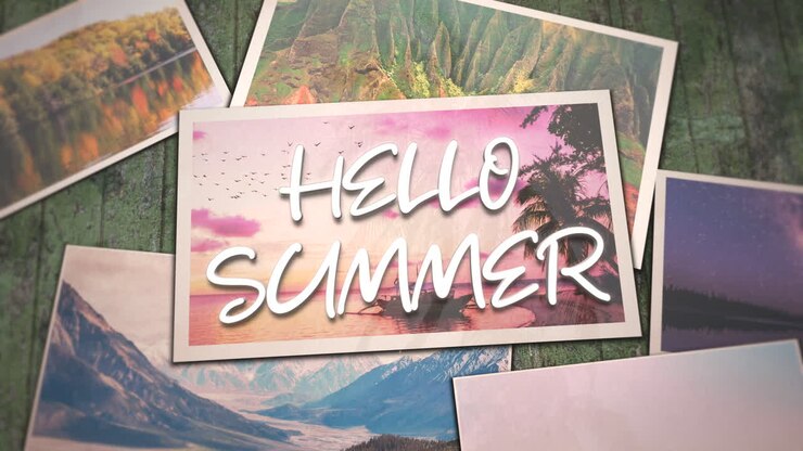 hallo sommer mit collage-fotos mit sommerlandschaft in verschiedenen ländern und zeiten