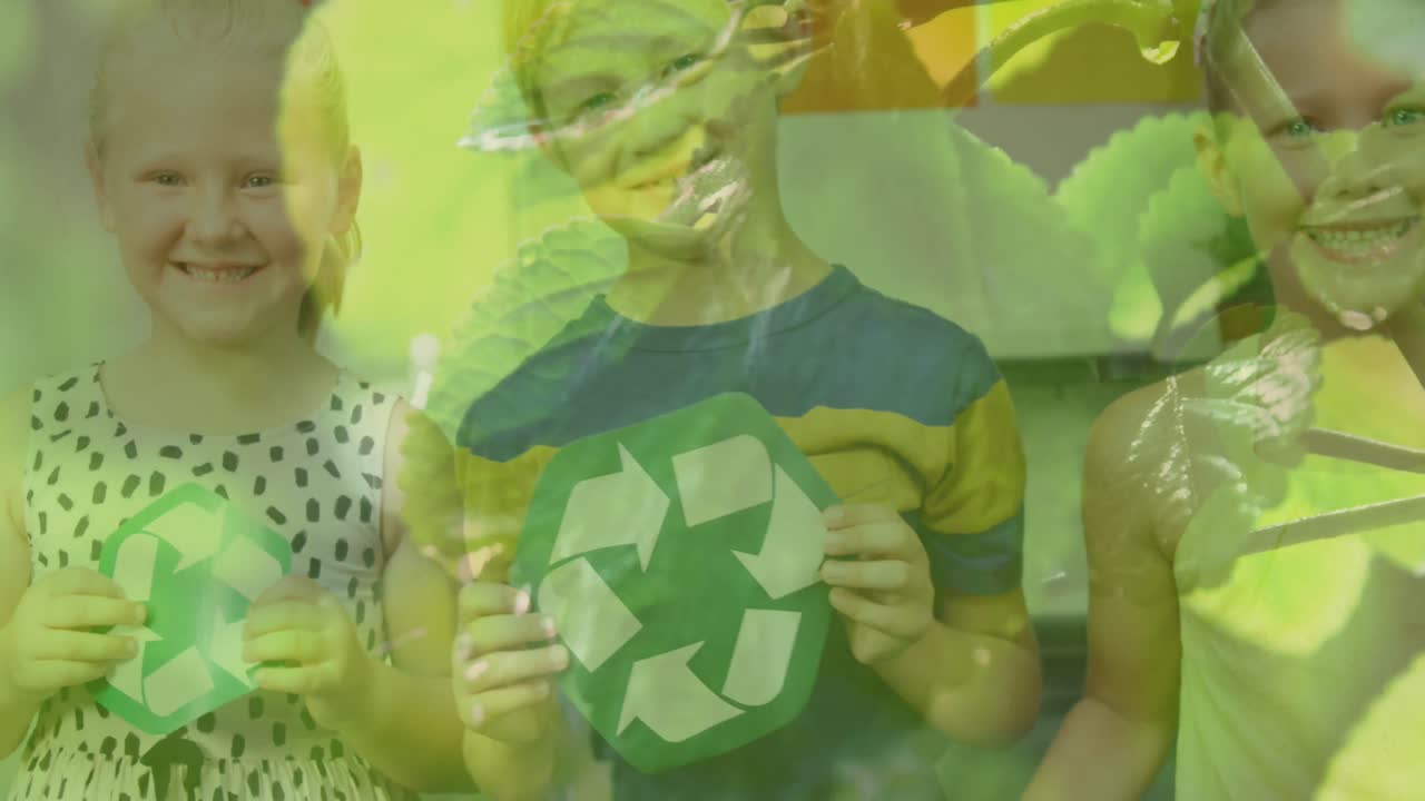 animación de plantas de riego sobre diversos niños sonrientes