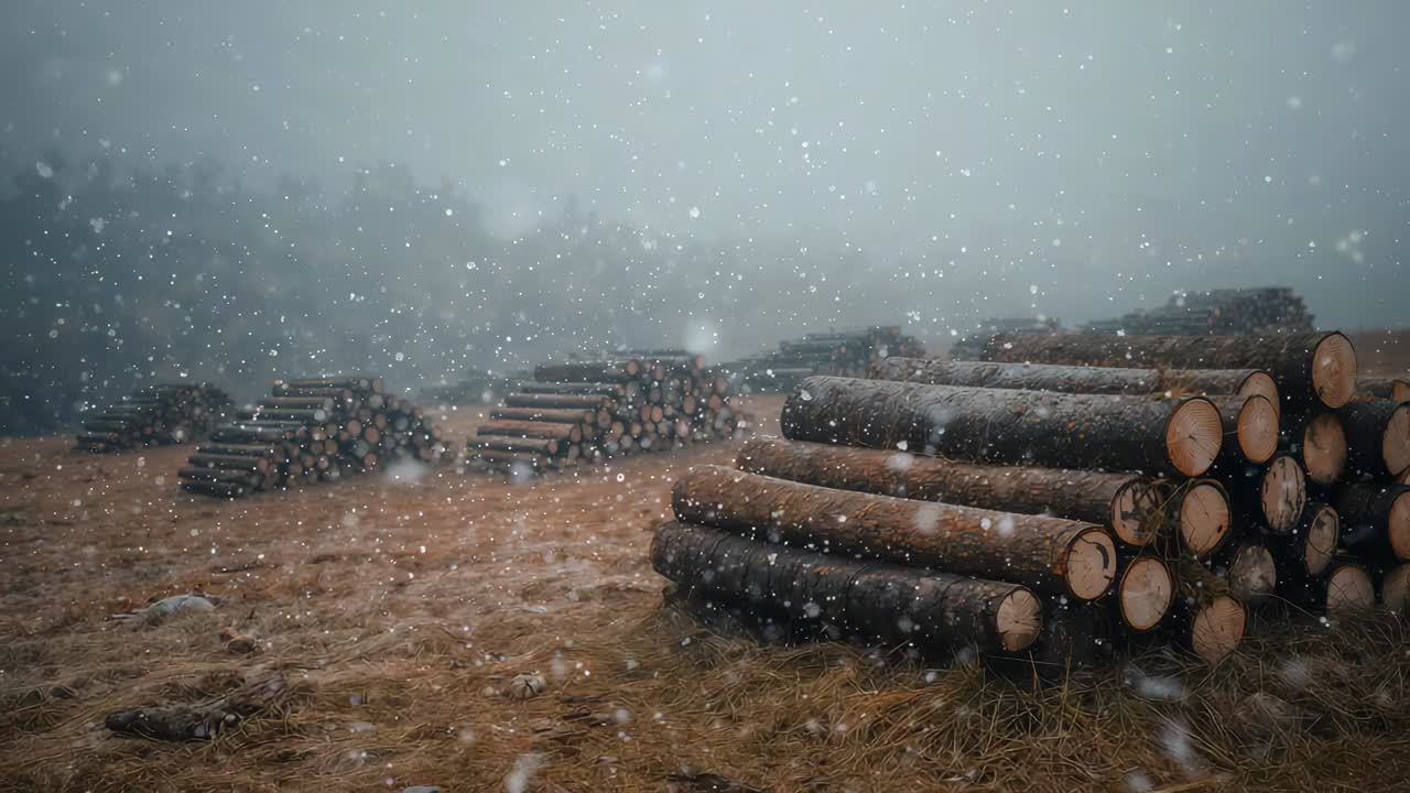 Light snowfall starting, foreground stacked logs gathering frost in forest clearing, copy space