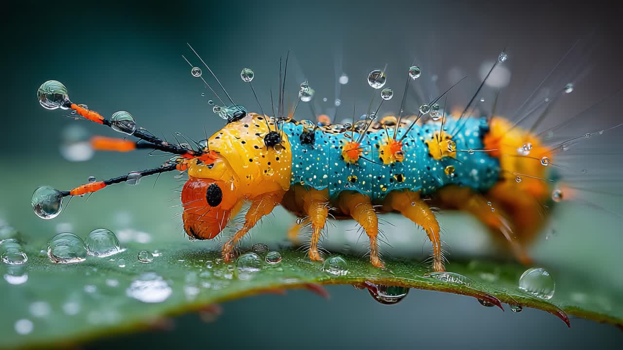 A Vibrant Caterpillar Covered in Dewdrops, Showcasing Nature's Colorful Insect Life in Macro Detail on a Leaf Surface