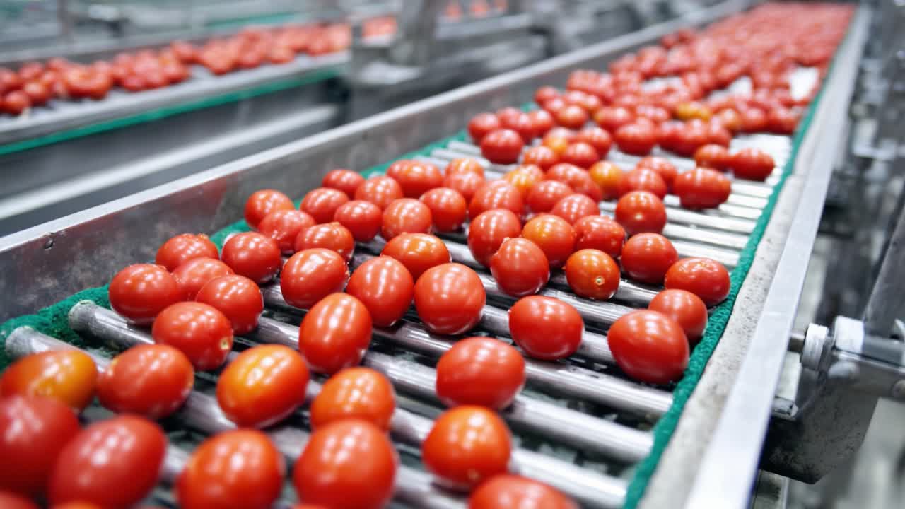 Nahaufnahme von frisch geernteten Tomaten auf einem Förderband in einer Verarbeitungsanlage, die das effiziente Sortieren und die Vorbereitung zum Verpacken zeigt