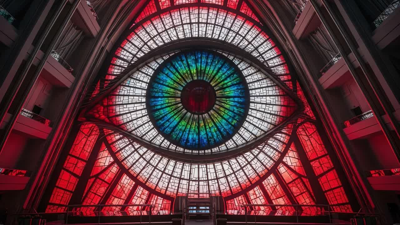 A Stunning Architectural Marvel Featuring an Eye-Catching Stained Glass Design in Vibrant Colors, Merging Art and Structure in a Captivating Scene