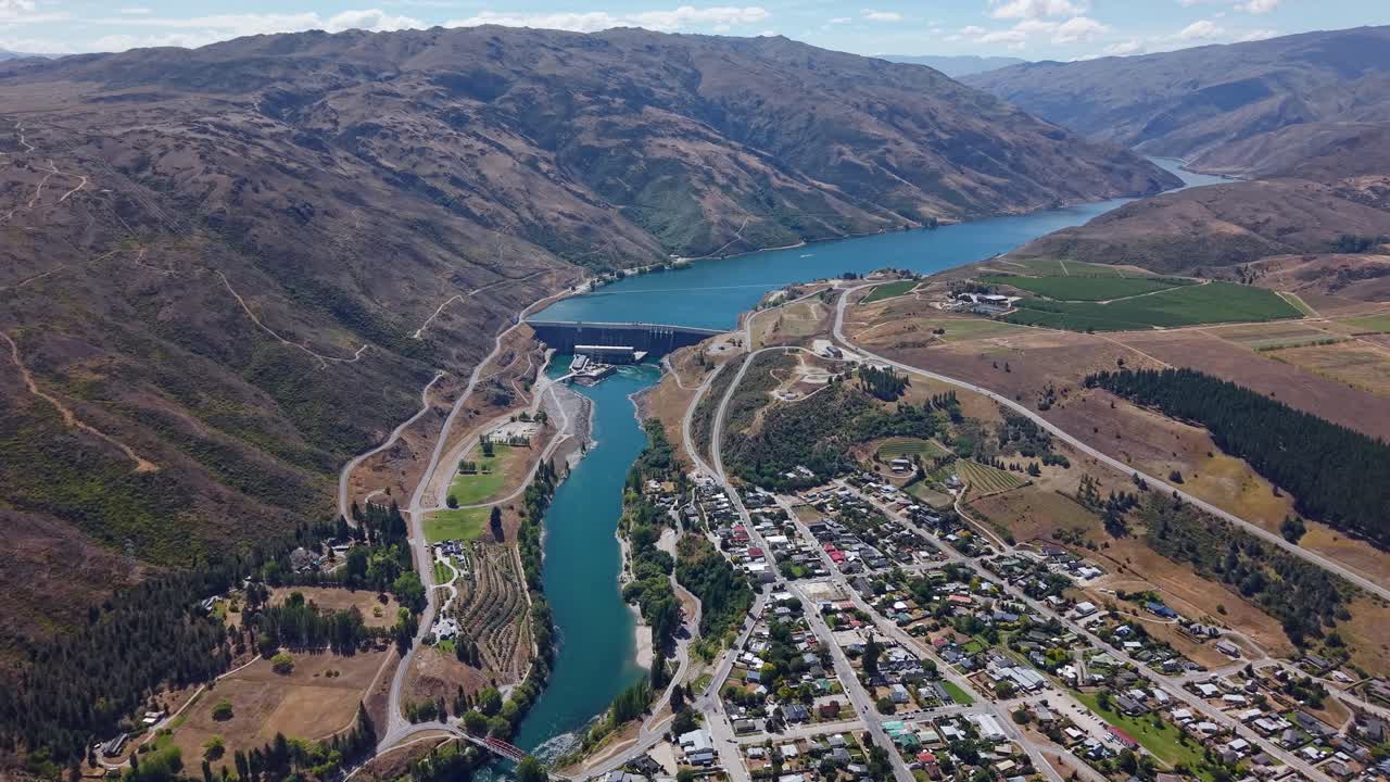Aerial view of Clyde Dam, NZ's second-largest hydroelectric dam