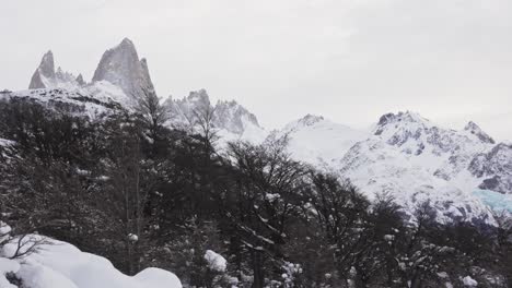 mount fitz roy on a cloudy winter day, showcasing rugged peaks and forests from capri lake.