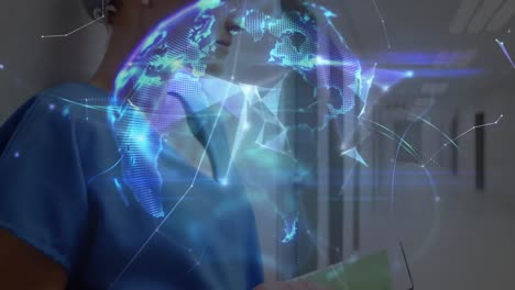 animación de la red de conexiones y el mundo sobre la doctora caucásica usando una tableta