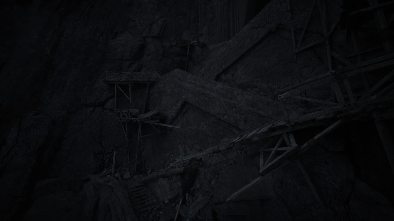 Collapse of a mining structure in a dark rocky environment