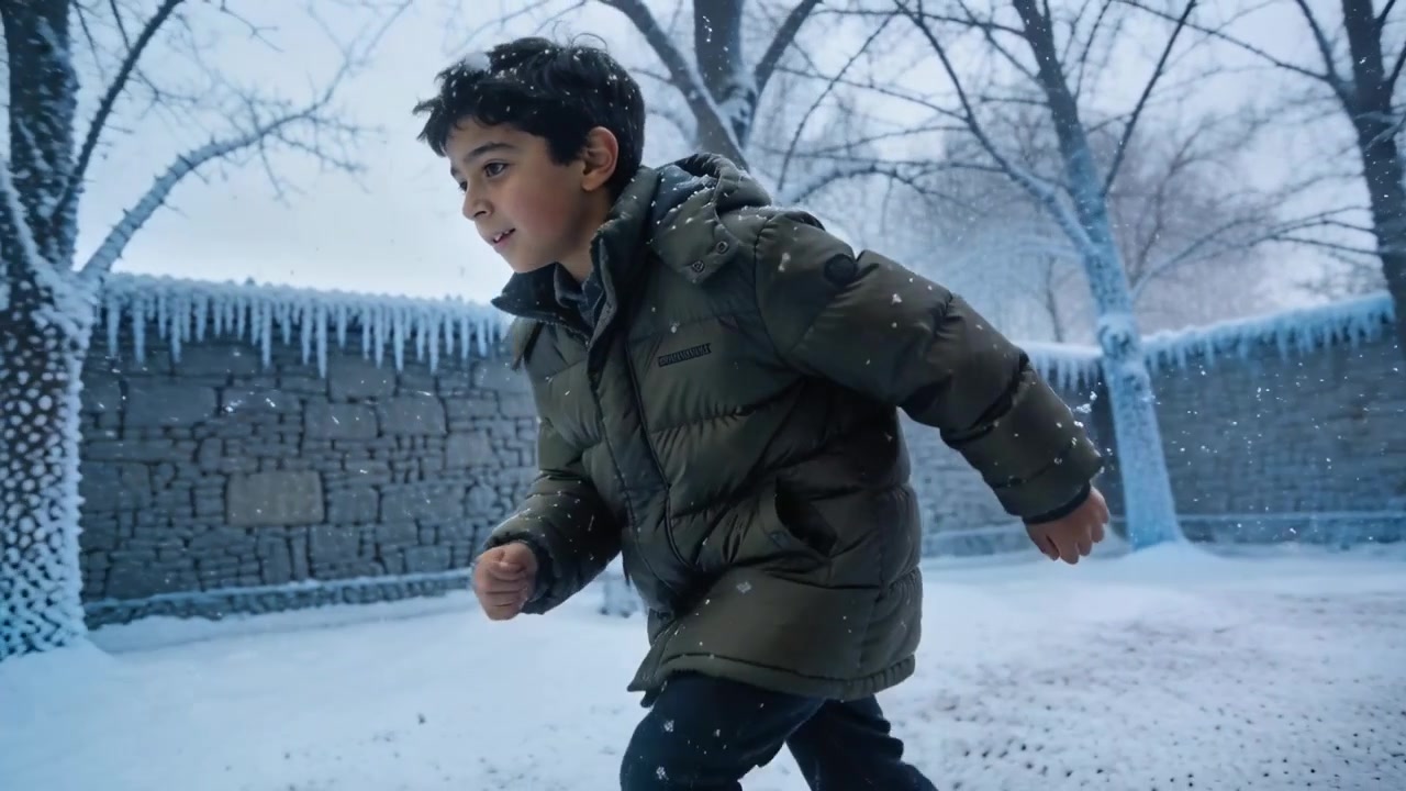 Leaning child in puffer jacket crossing walled courtyard with falling snow and icicles, copy space