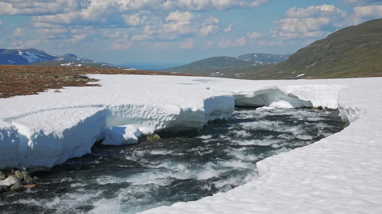 Melting snow reveals a rushing river in a mountain valley