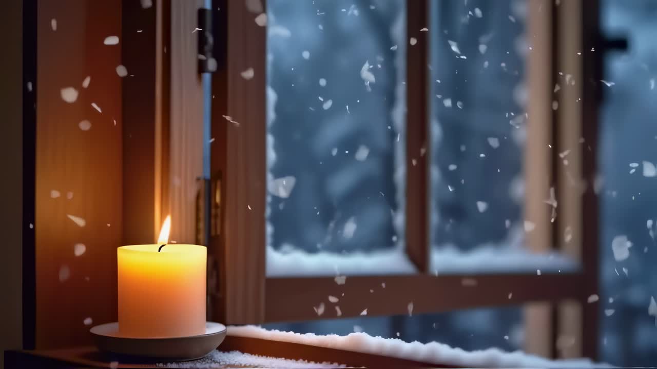 Soft snowflakes drifting outside wooden framed window, illuminated by gentle candlelight creating intimate winter evening atmosphere with peaceful, meditative mood