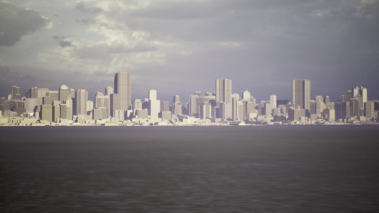 Stormy cityscape view dramatic urban horizon at dusk with boats