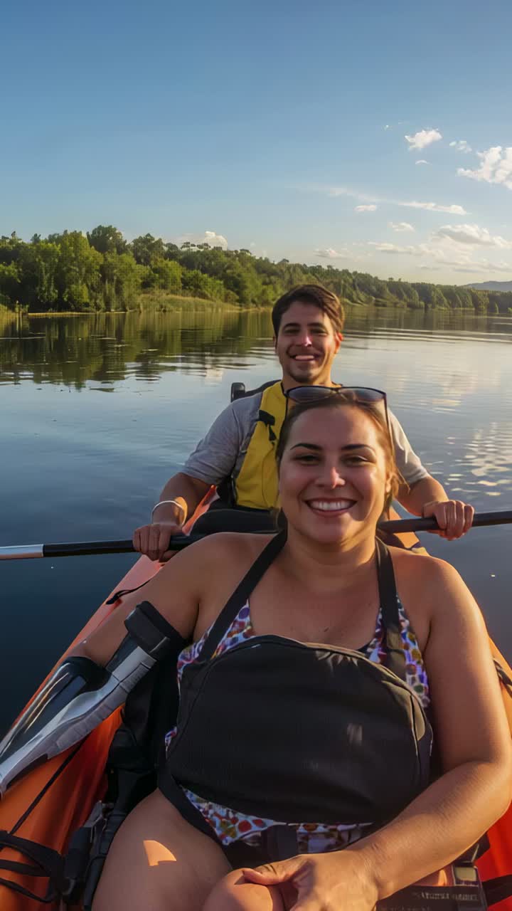 Vertical video: Paddling man starting strokes while woman adjusting in kayak for fun, yellow vest