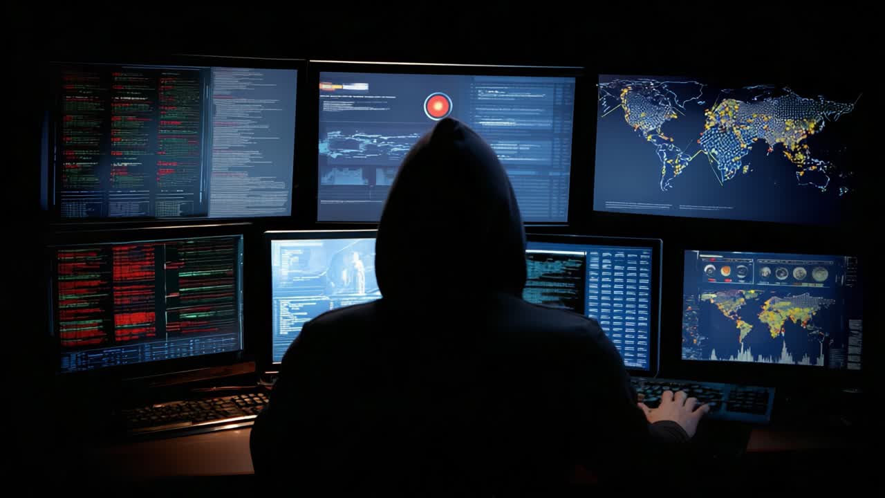 A Mysterious Figure Hunched Over Multiple Screens in a Dark Room, Engaged in Intricate Digital Activities, Surrounded by Streams of Data and Global Maps