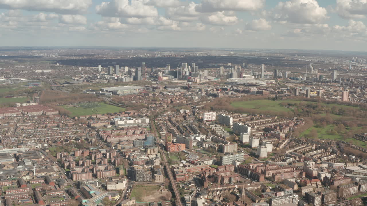 스트래트포드 동부 런던에서 촬영된 높은 항공 슬라이더