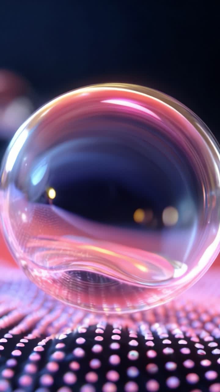 Primo piano accattivante di una bolla iridescente sfocata che riflette colori vibranti contro uno sfondo a pois in due fotogrammi consecutivi, evidenziandone la bellezza.