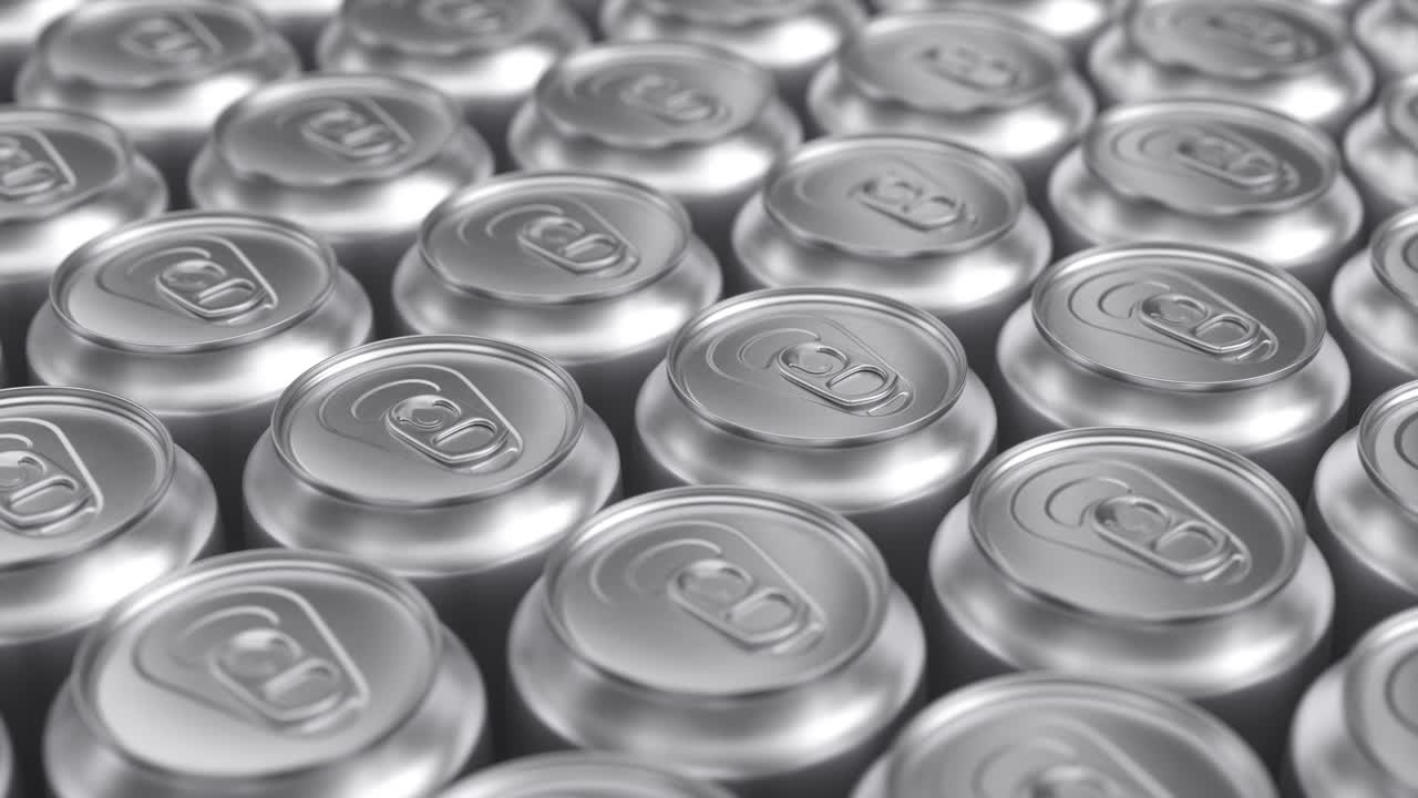 muchas latas de soda de metal de aluminio. renderización de animación 3d, bucle infinito