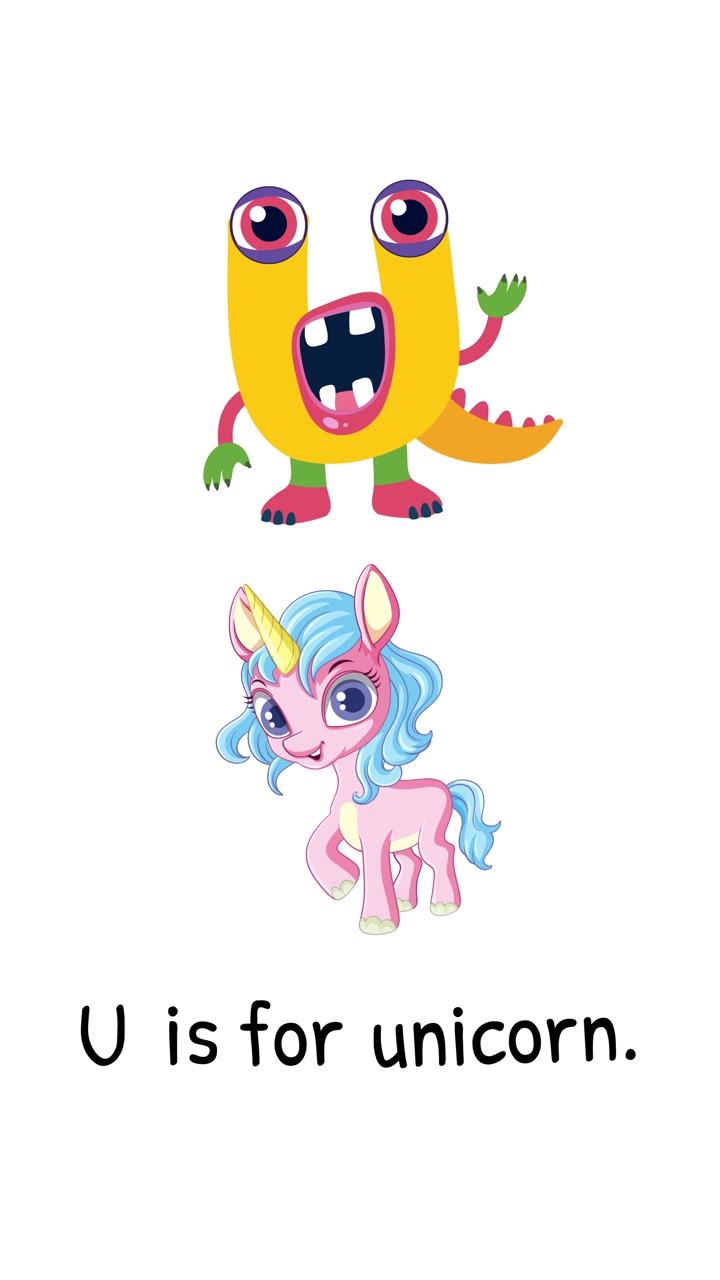 Playful animation featuring a letter U character and a unicorn, highlighting vibrant colors and whimsical design on a white background