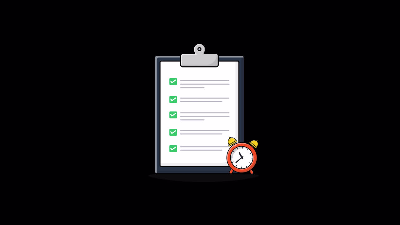 Animated Checklist with Green Checkmarks and Alarm Clock