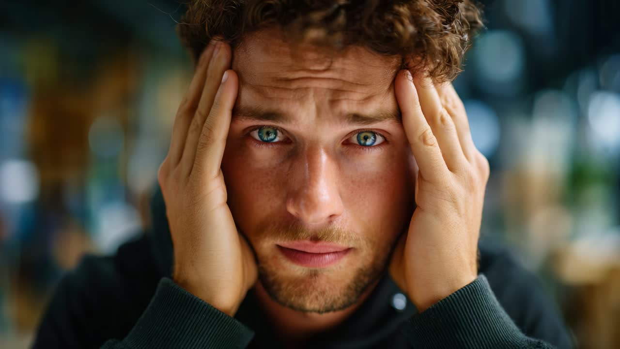 A man displays a look of distress and concern, holding his head, conveying emotions of anxiety, stress, or confusion in a contemplative setting