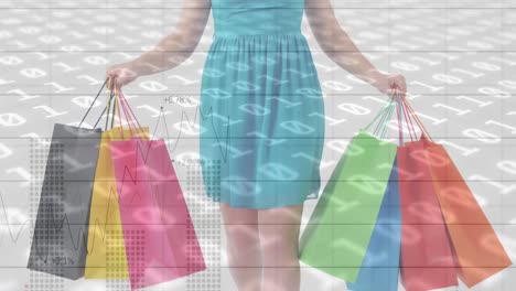 Animation-of-binary-coding-numbers-changing-over-woman-holding-shopping-bags