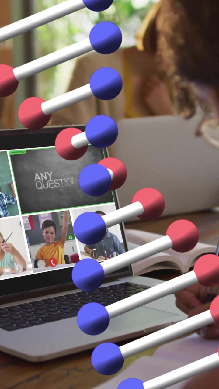 Student taking notes during online class with DNA strand animation overlay