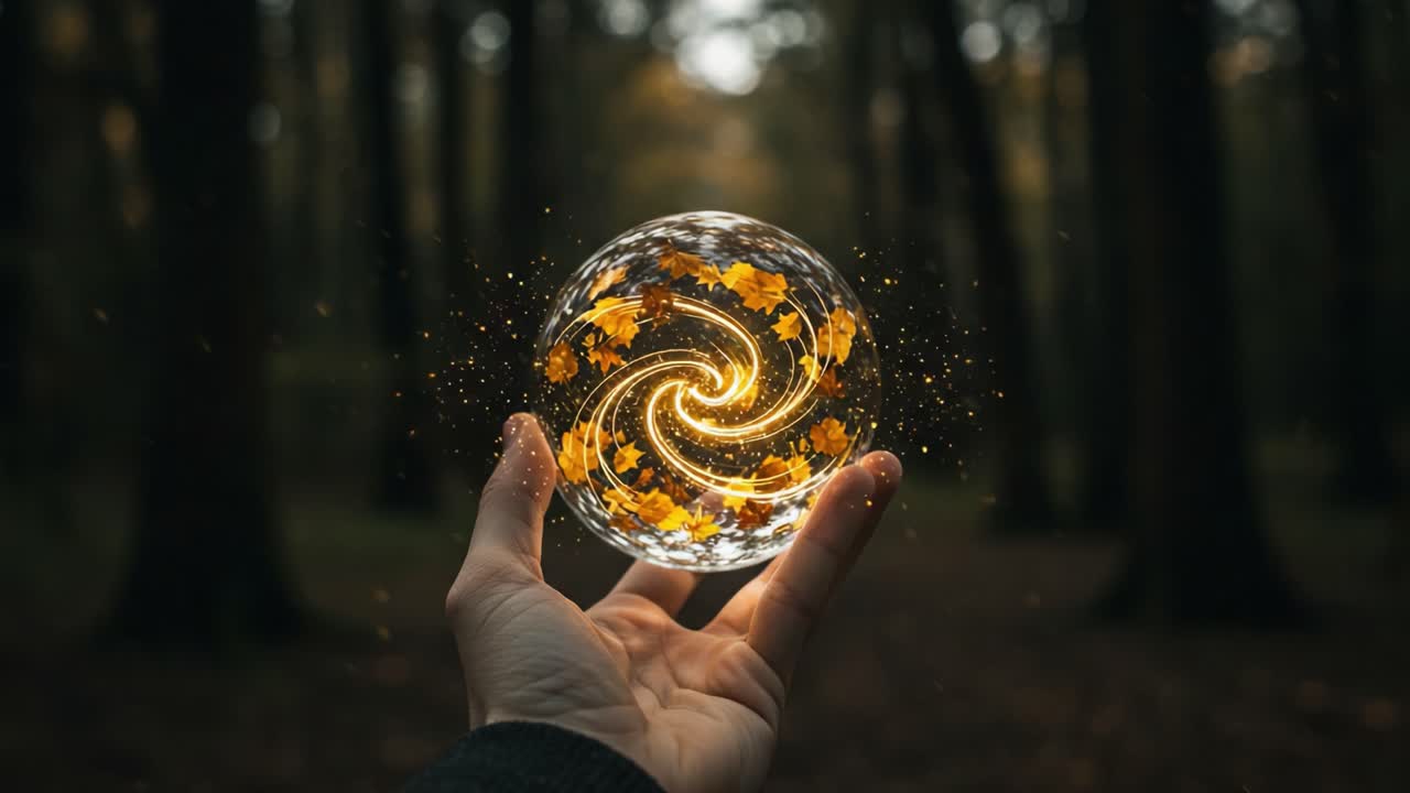 A Mystical Orb of Autumn Leaves: Holding a Captivating Glass Sphere That Swirls with Golden Foliage and Enchanting Light in a Dense Forest Setting