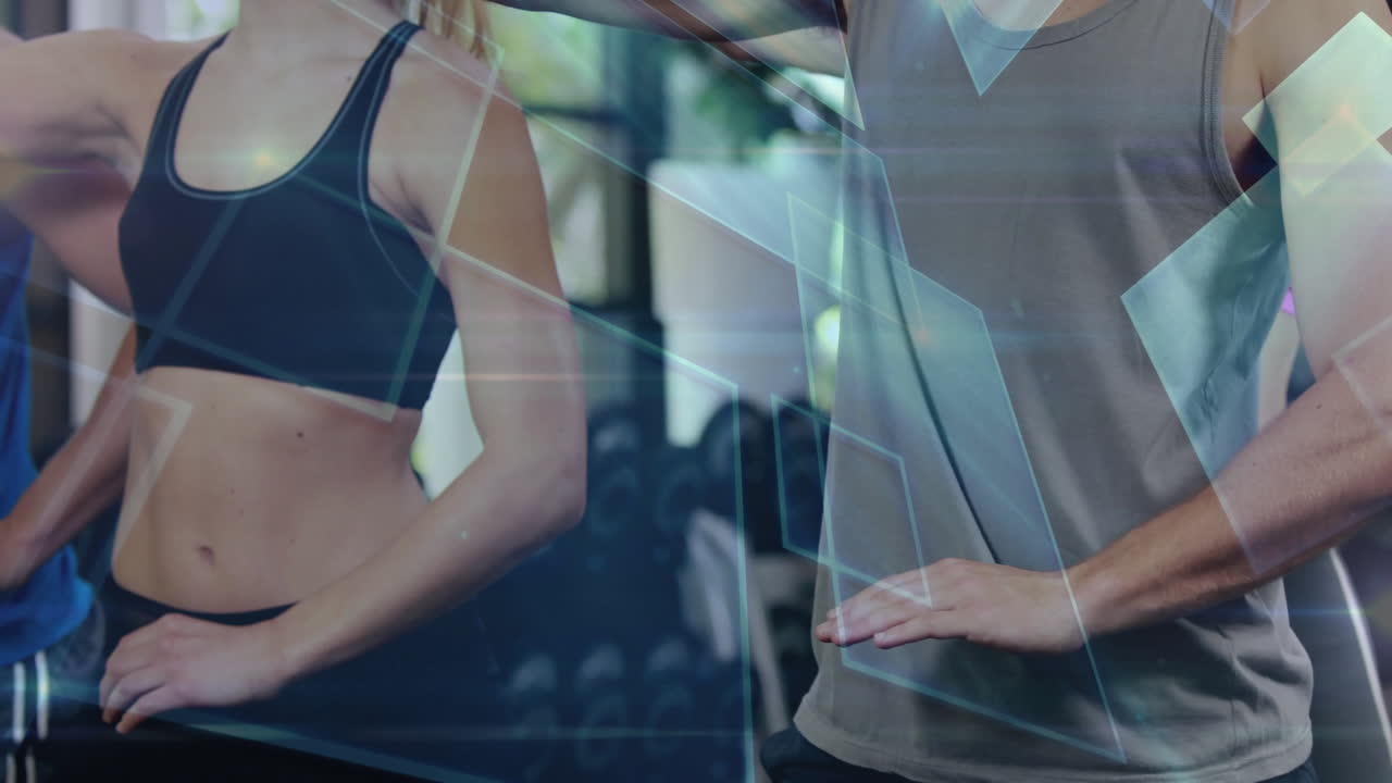 Woman and man lifting weights inside gym, displaying geometric fitness interface overlays