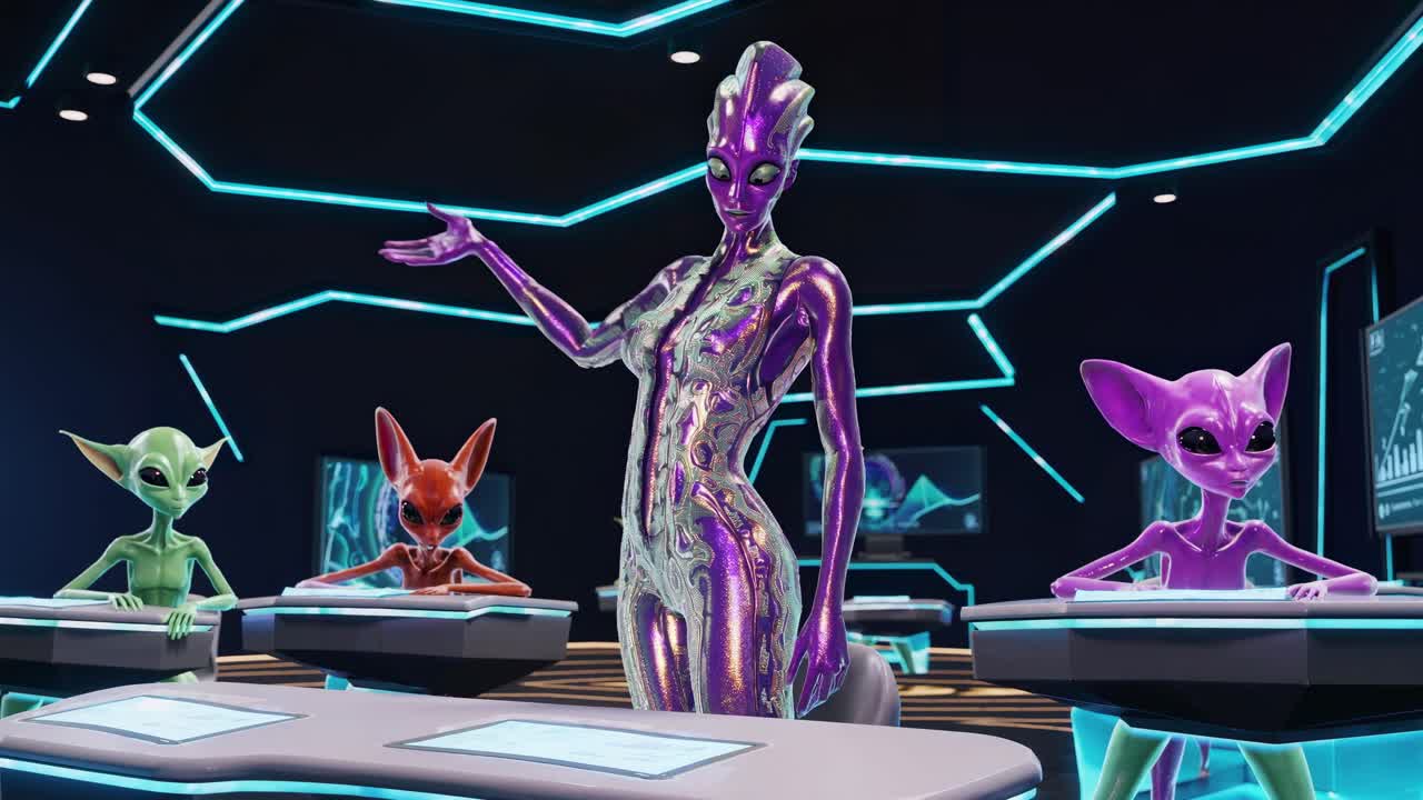 Group of diverse alien students participating in an engaging meeting within a futuristic classroom, surrounded by glowing lines and advanced technology, fostering collaboration and learning