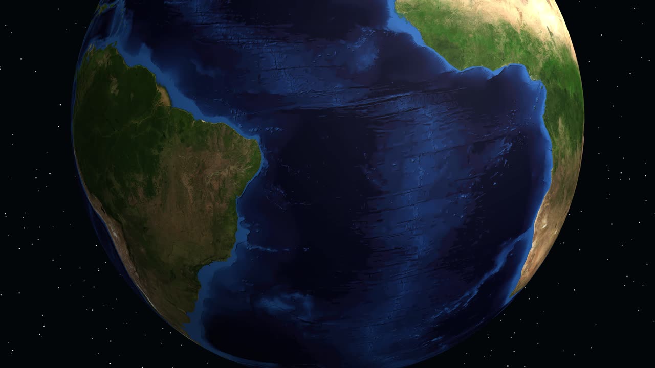 Un globo digitale ruota e zooma sul Brasile, rivelando indicatori di posizione e informazioni demografiche regionali.