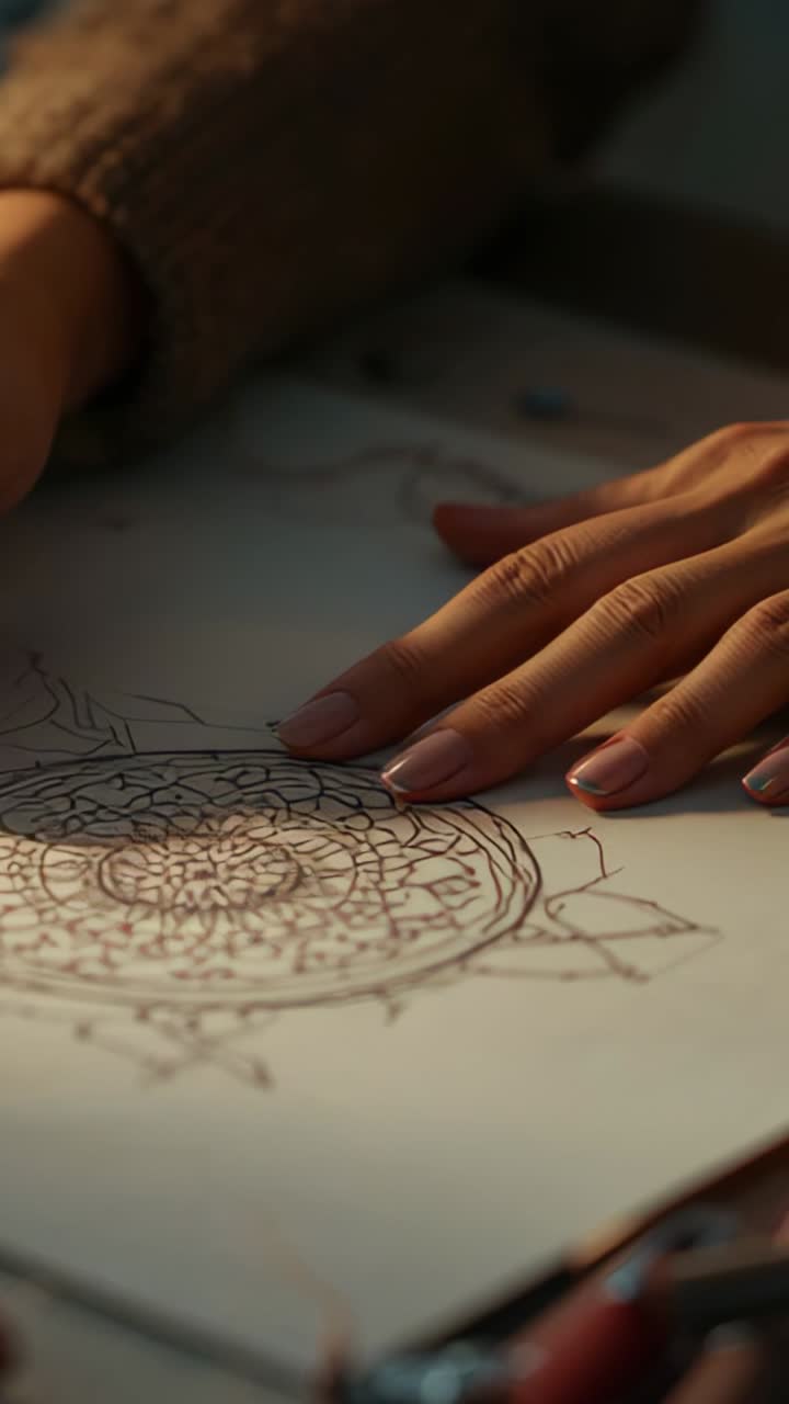 Vertical video: Picking up pen artist hands sketching mandala design on paper at desk, with tools