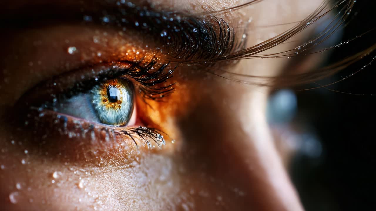 Captivating Close-Up of an Eye: A Stunning Display of Color and Detail, Showcasing Vibrant Blue and Amber Tones Enhanced by Reflections and Luminescent Highlights, Evoking Emotion