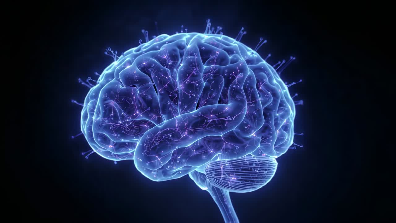 Starting with 3D-rendered brain emerging, glowing and rotating in void, showing neural pathways