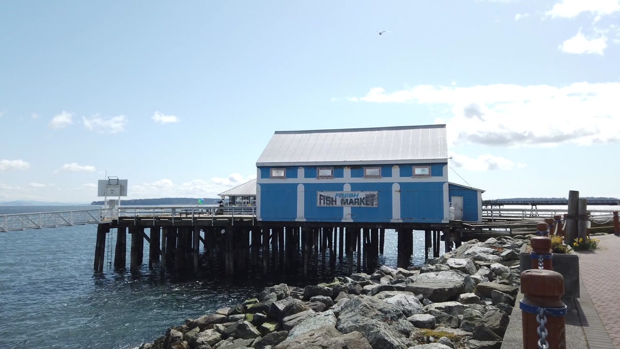 Fish market building stands on wooden pier above water with rocky shoreline and coastal setting under blue sky showing seaside structure and maritime environment