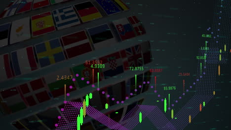 animation of data processing over globe of national flags