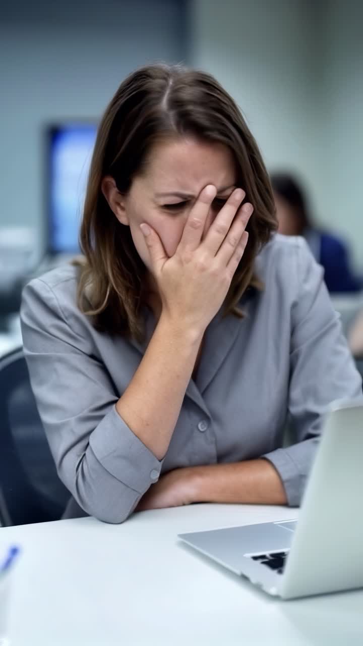 A businesswoman in a gray suit, sitting at his desk with a frustrated and exhausted expression.